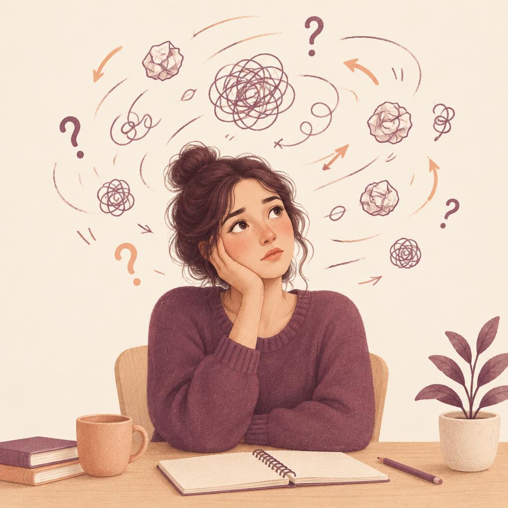 A business owner surrounded by a swirl of questions